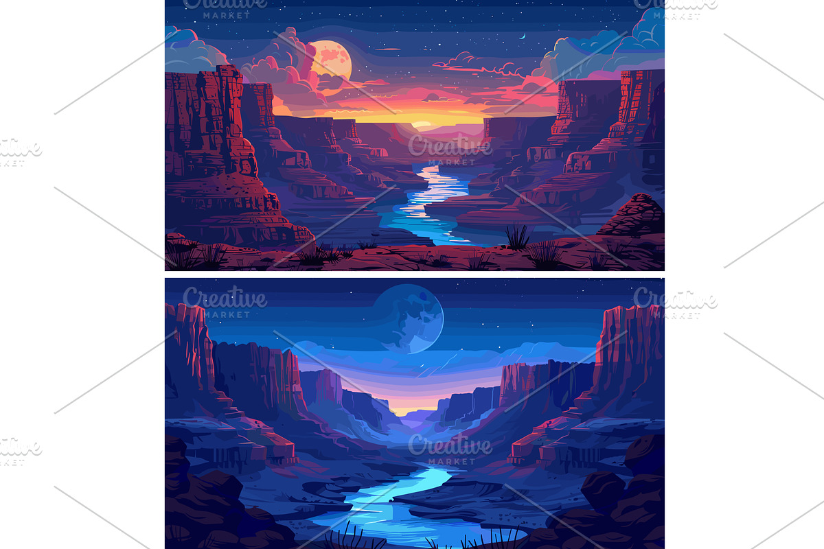 Nighttime gorge brook cartoon vector, an Illustration by Valerie Bodnar