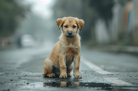 Wet homeless puppy on a street in the rain, an Animal Photo by AlyaAnd