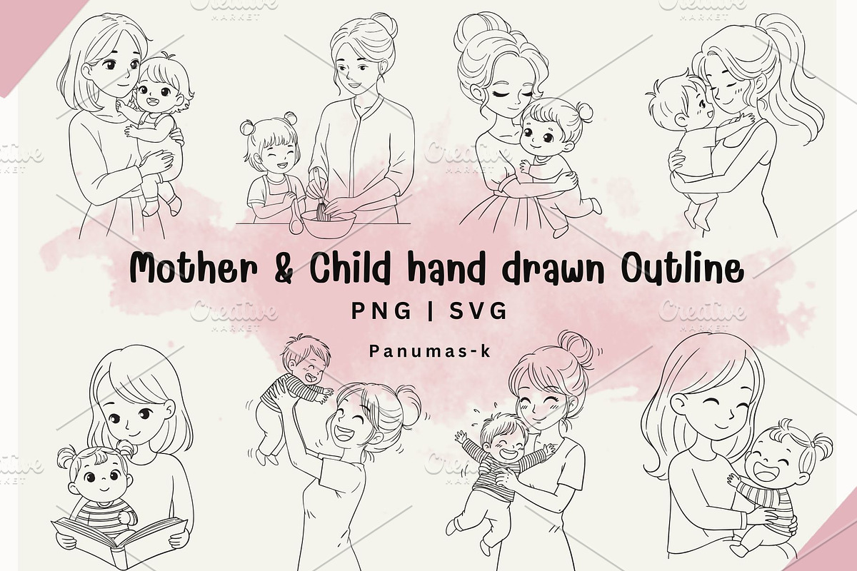 Mother and Child Hand Drawn Outline, an Illustration by PKshop (Photo 3 of 3)