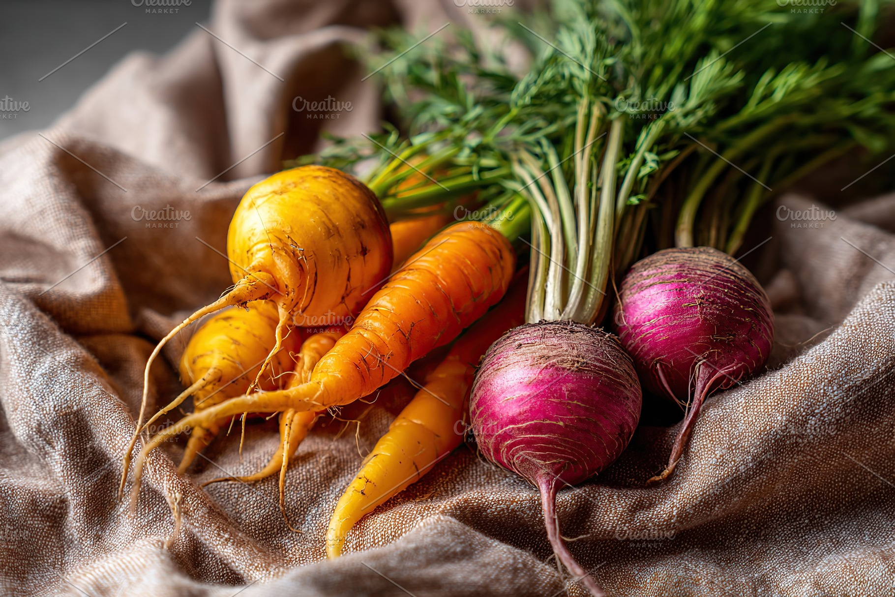 Fresh farm vegetables and herbs display on natural fabric background showcasing, a Food & Drink Photo by AlyaAnd