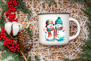 Watercolor Christmas Snowmen In Love