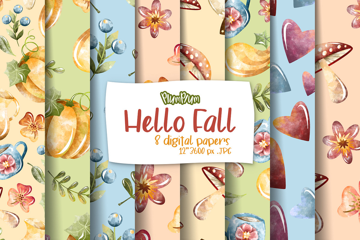 Fall Watercolor Digital Papers, a Pattern Graphic by PlumPlumGraphics (Photo 1 of 3)