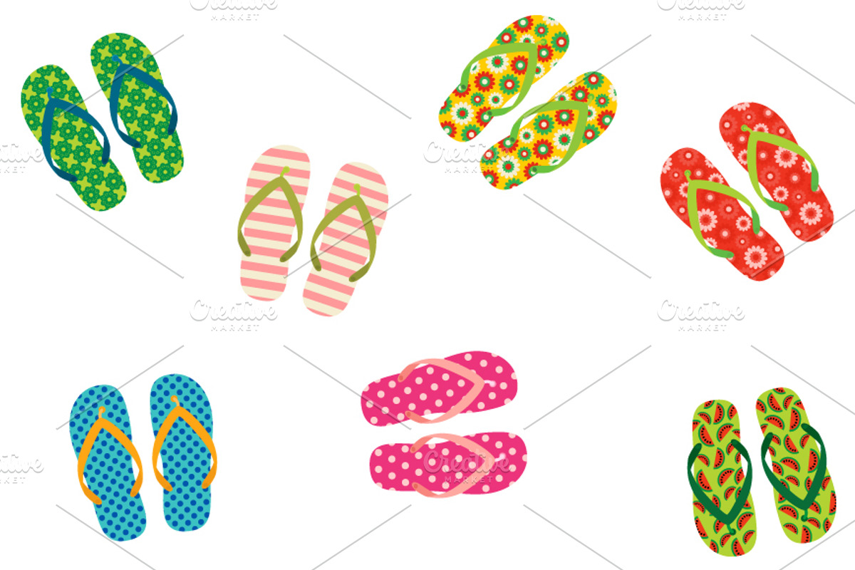 Colorful flip flops clip art set, an Illustration by Pravokrugulnik