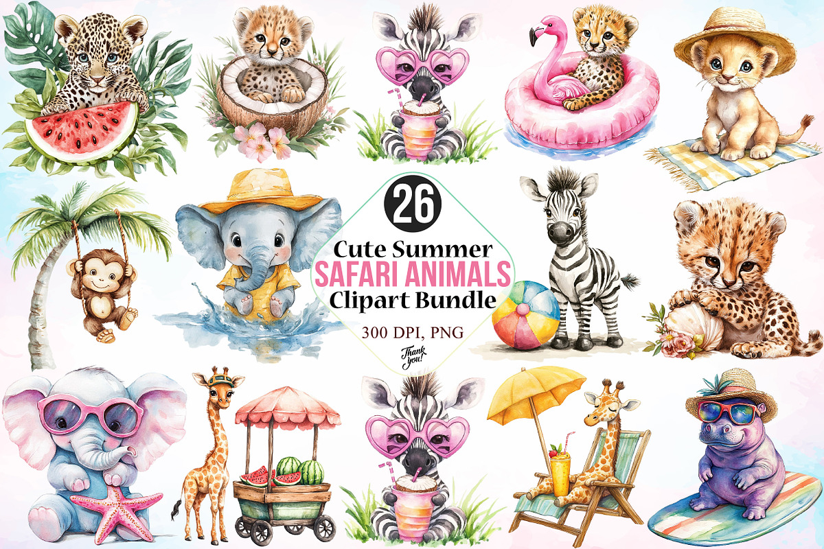 Cute Summer Safari Animals Clipart, an Illustration by Canvas Craft (Photo 1 of 3)