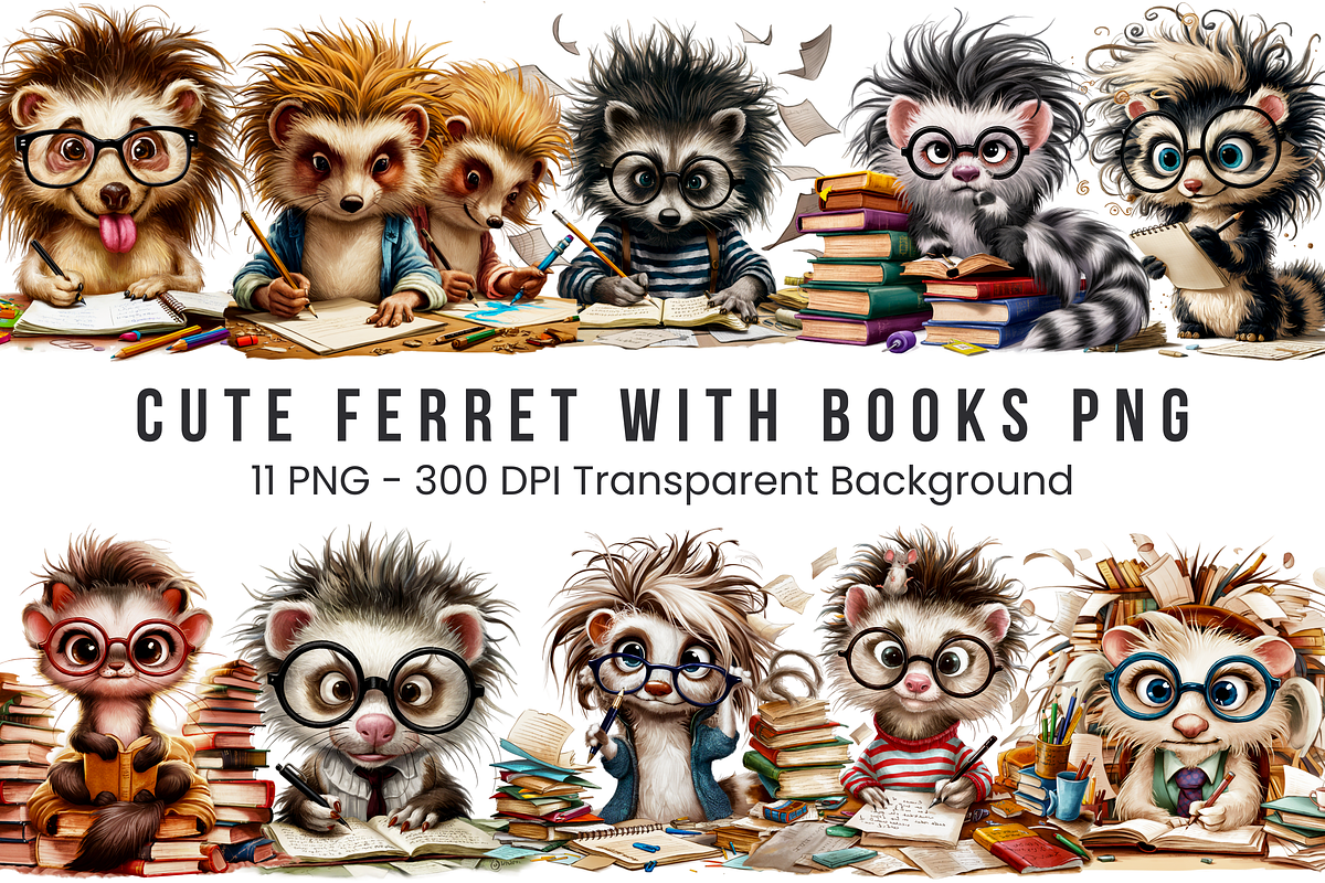 Cute Ferret with Books PNG Bundle, a Graphic by Clipart Bloom (Photo 1 of 12)