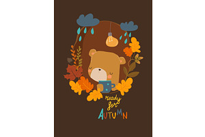 Cute bear drinking coffee inside den, an Animal Illustration by Maria Starus
