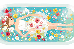 Elegant woman relaxing in flower-filled bath for spa and self-care moments, a Photo by AS photostudio