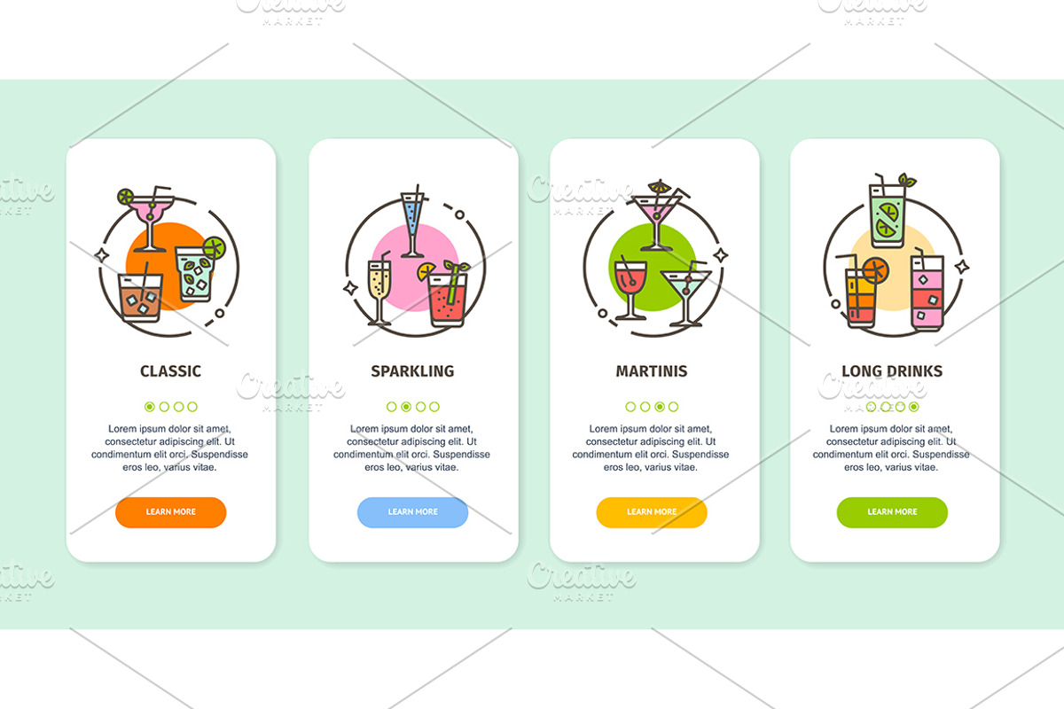 Coctails App Screens Cards Set., a Templates & Theme by Vector and Templates