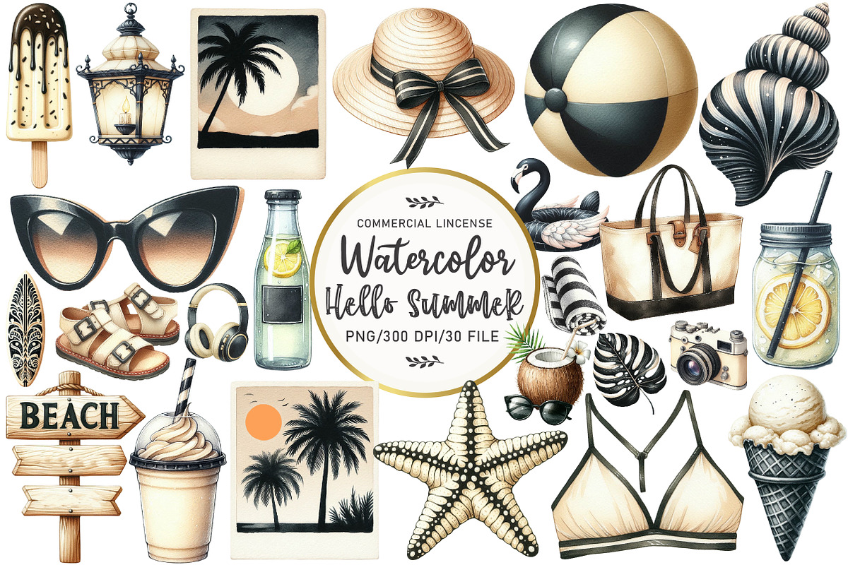 Ivory and Black Hello Summer Clipart, an Illustration by OK Design (Photo 1 of 5)