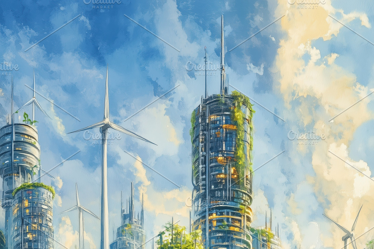 A futuristic cityscape featuring tall, green skyscrapers integrated with nature, a Technology Illustration by Textures & Backgrounds