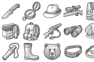 Hunting Gear Icon Set, an Object Graphic by nikagraphic