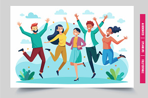 Four jump arms raised smiling, an Illustration by Tanuart