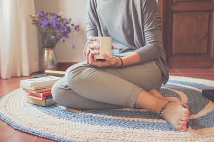 Time for me containing young woman portrait, barefoot, and cup of tea