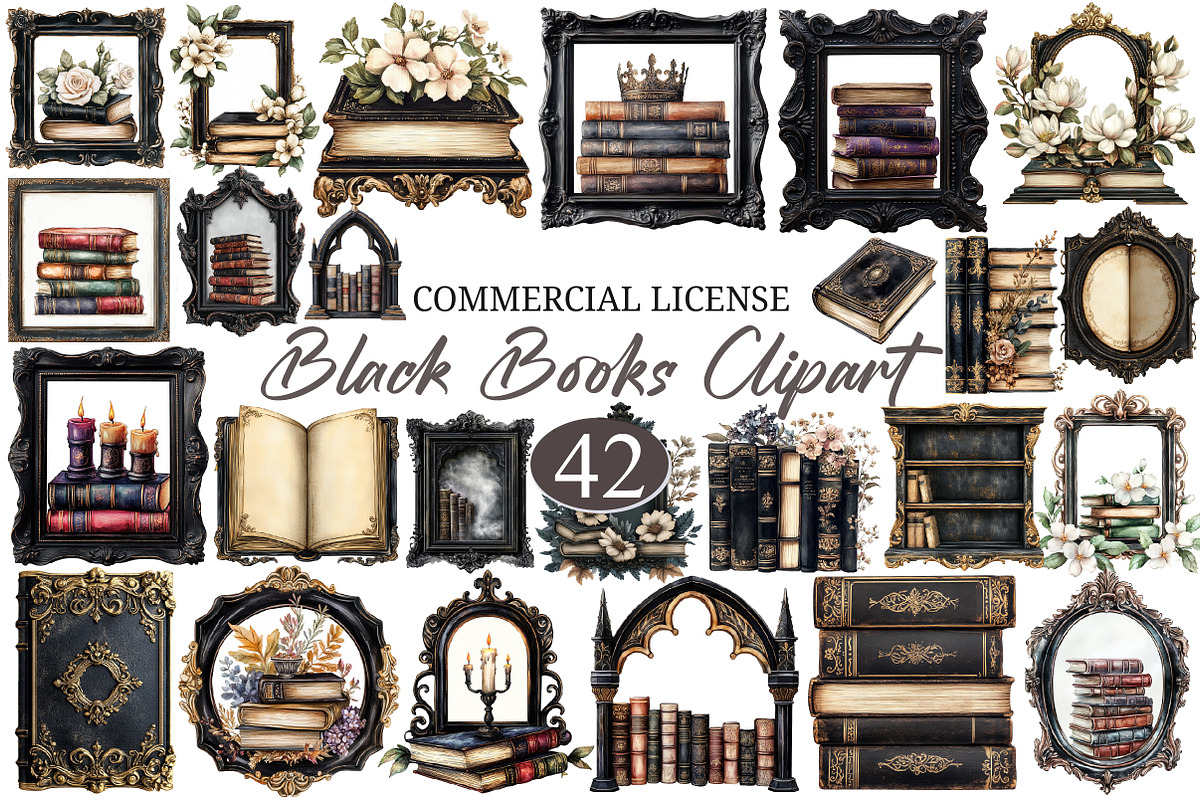Watercolor Black Books and Frames, a Seasonal Illustration by designcity5 (Photo 1 of 5)