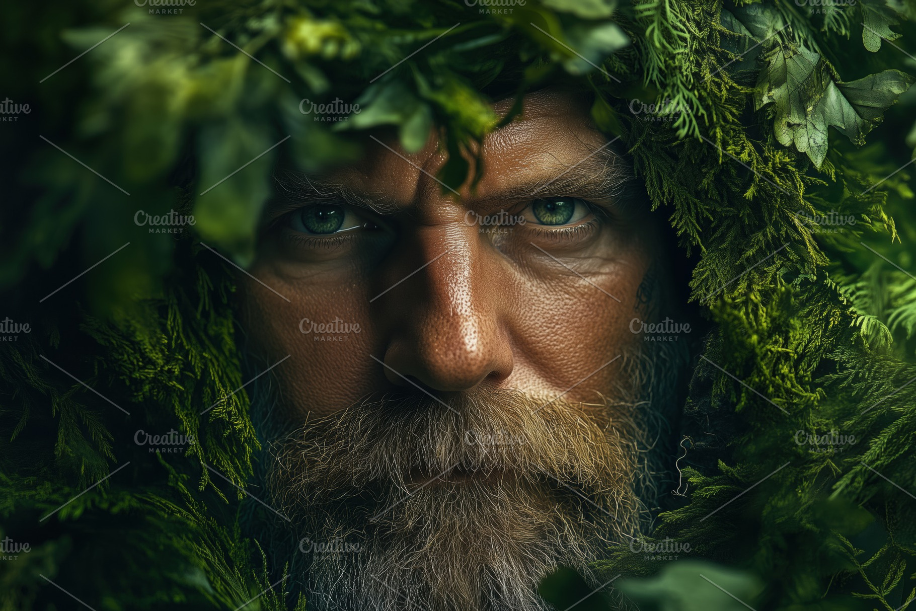 A close-up portrait of a forester man with a thick beard, partially covered in, a Person Photo by Textures & Backgrounds