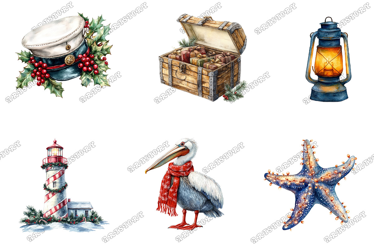 Watercolor Nautical Christmas Clipar, an Illustration by designcity5 (Photo 3 of 5)