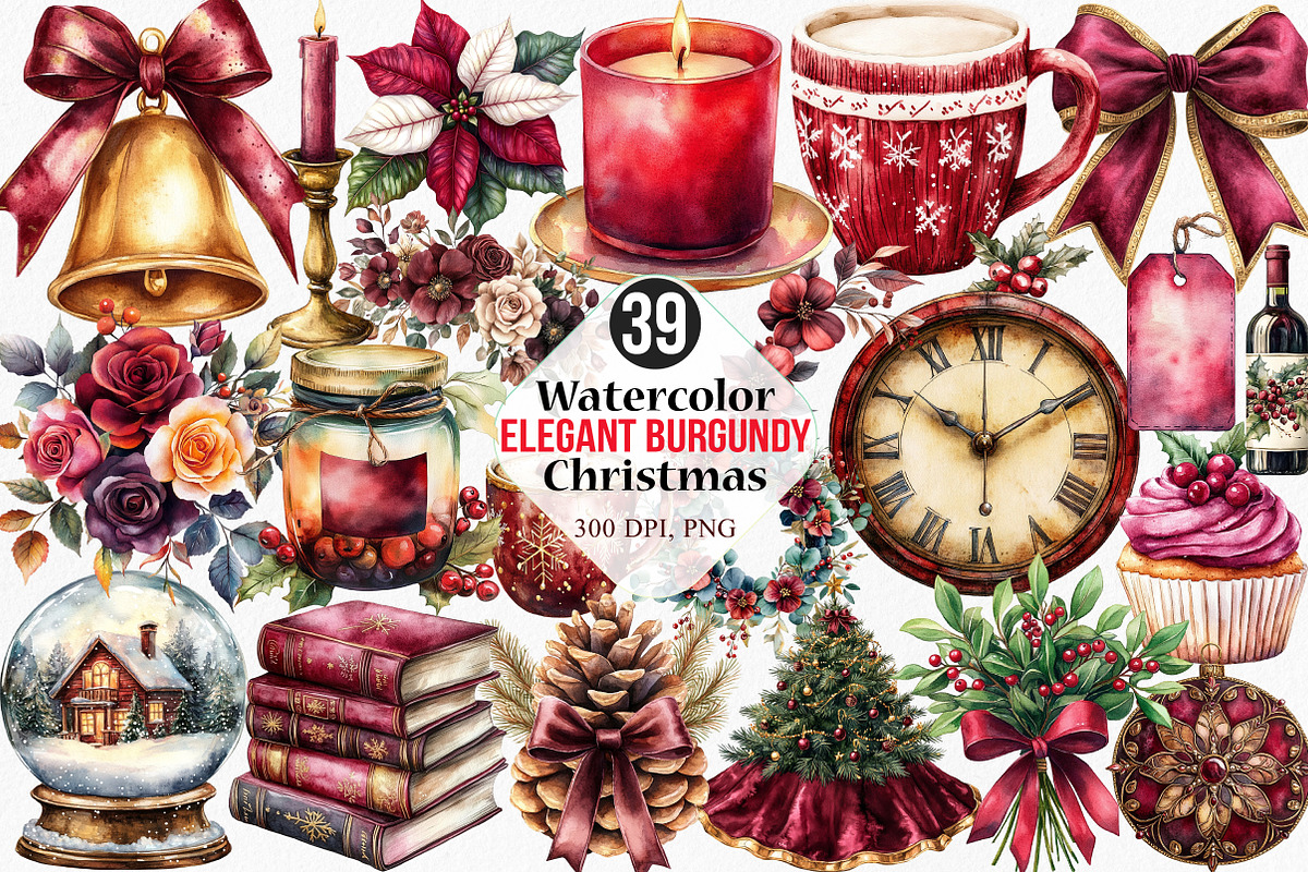 Elegant Burgundy Christmas Clipart, an Illustration by Canvas Craft (Photo 1 of 7)