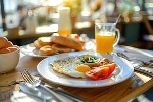 Tasty breakfast with eggs, vegetables and glass of juice in cafe on sunlights b, a Food & Drink Photo by AlyaAnd