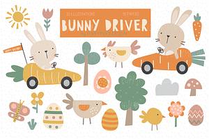 Bunny Driver clipart & paper set, a Pattern Graphic by Poppymoondesign
