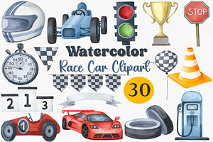 Watercolor Race Car Clipart Set, a Transportation Illustration by CropUp Creative