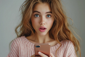 Surprised young woman with long brown hair and striking blue eyes, holding a sm, a Person Photo by ImageMir
