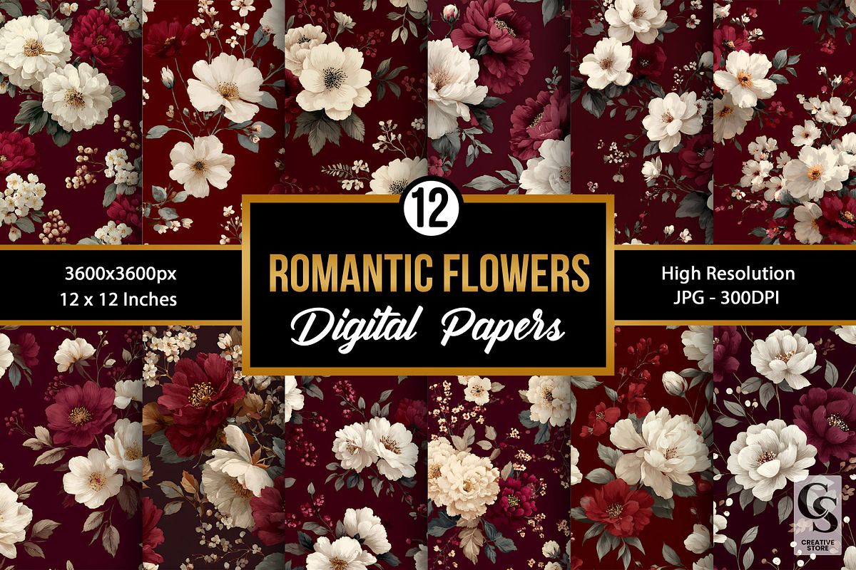 Cream & Burgundy Flowers Pattern, a Pattern Graphic by Creative Store (Photo 1 of 5)