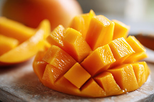 Ripe cubed mango on wooden board, a Food & Drink Photo by AlyaAnd