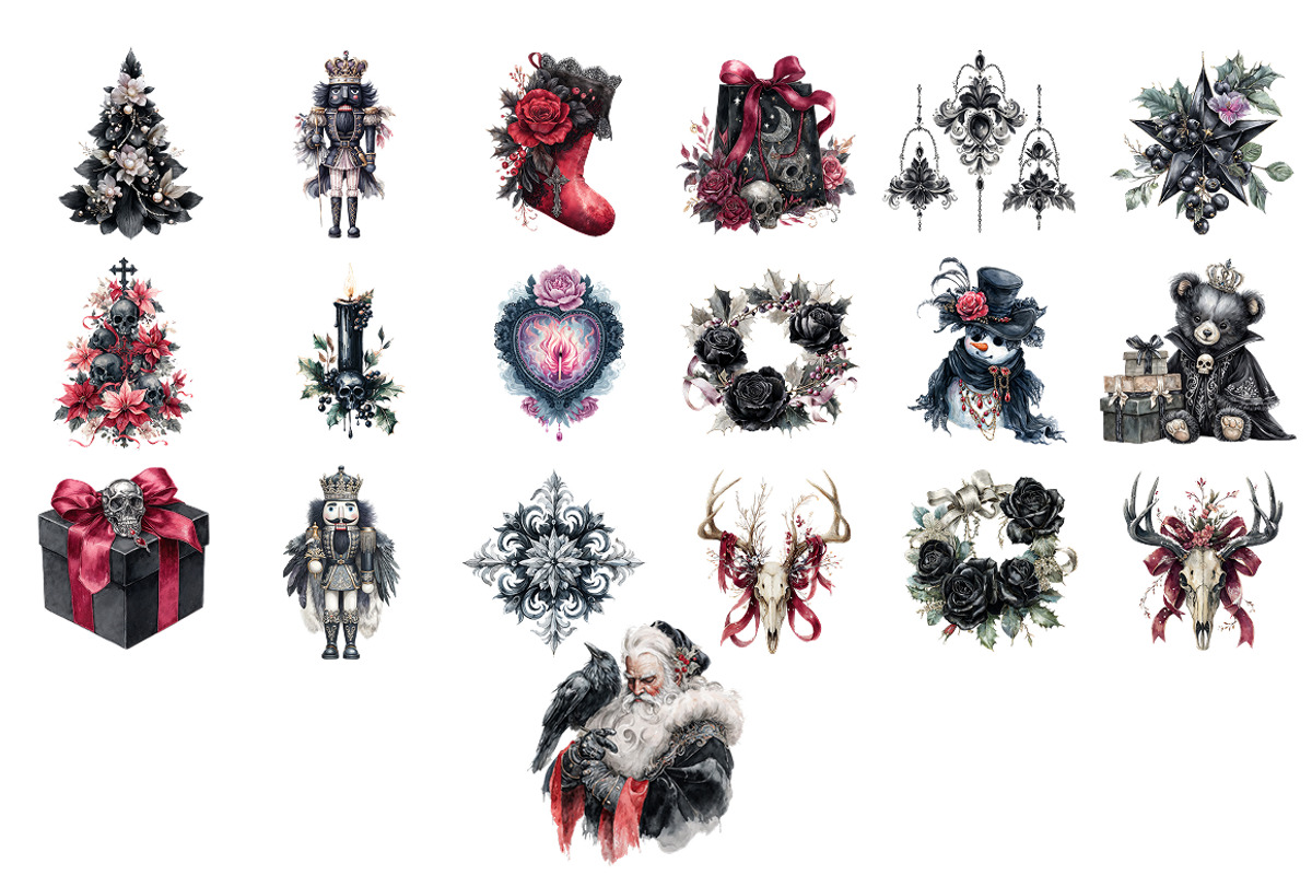 Watercolor Goth Christmas Clipart, a Seasonal Illustration by InkyQueenArt (Photo 4 of 8)
