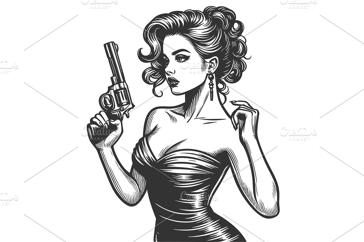 Glamorous pin-up woman with gun, an Object Illustration by AlexArt