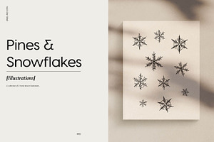 Pines and Snowflakes Line Drawings, an Illustration by Whimsy Works