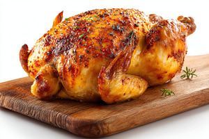 Roasted chicken on wooden board deli, a Photo by Pixeness Studio