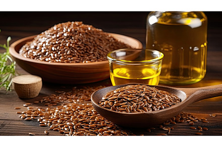 leenseed oil on wooden table, a Food & Drink Photo by Neirfy