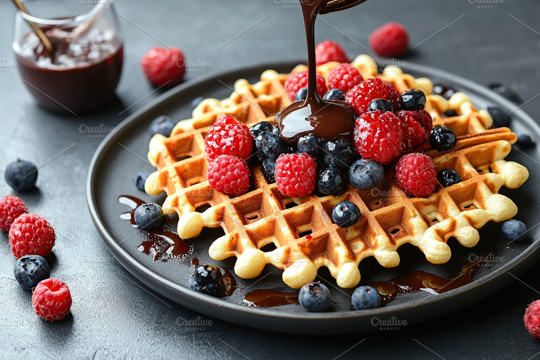 Delicious waffles topped with fresh berries and melted chocolate sauce for a sw, a Food & Drink Photo by AlyaAnd