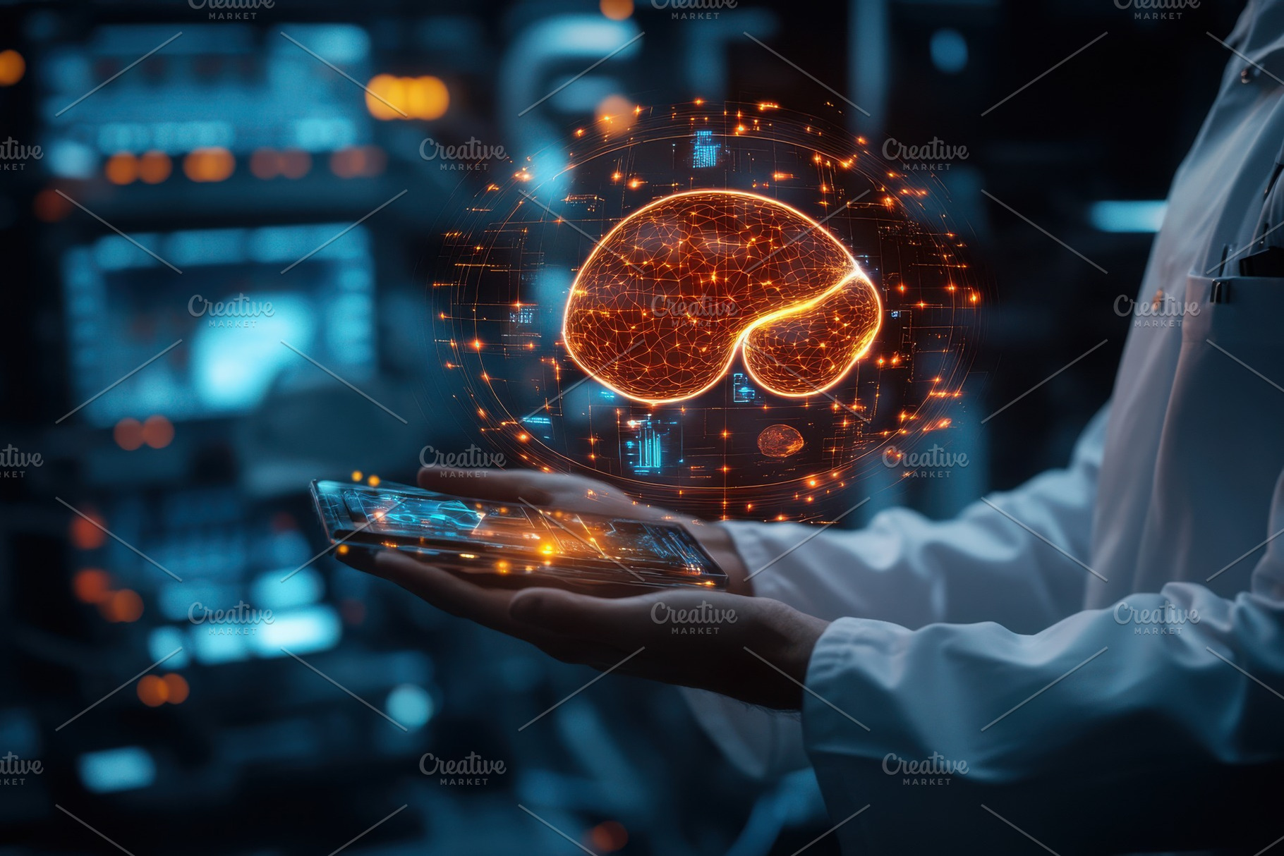 Doctor holding futuristic phone show, a Health & Medical Photo by Pixeness Studio