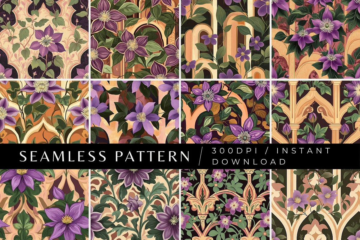 12 Purple Clematis Seamless Patterns, a Pattern Graphic by Inknfolly ...