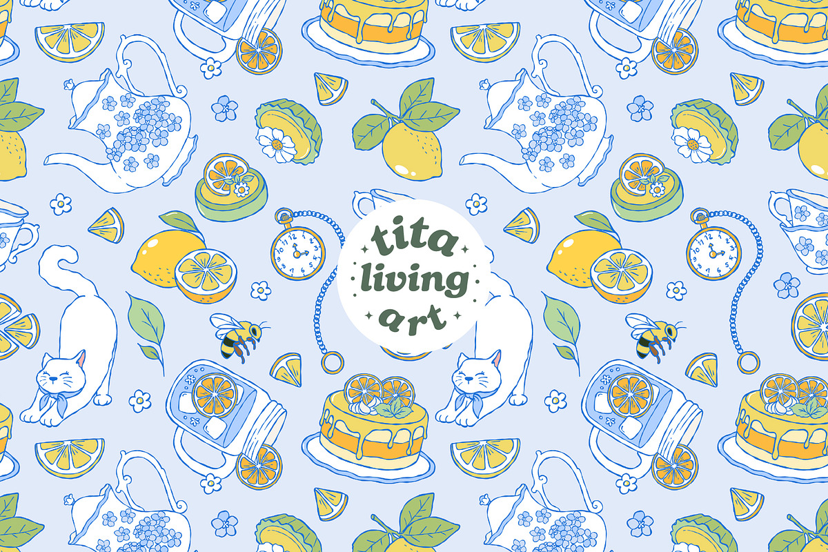 Lemon Tea Time Seamless Pattern, a Food Illustration by TitaLivingArt (Photo 1 of 10)