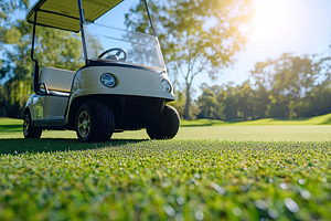 Golf cart on green turf grass field of golf course, a Photo by AlyaAnd