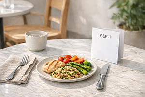 Plate of grilled chicken with vegetables and card labeled GLP-1, a Photo by Dvoevnore photos