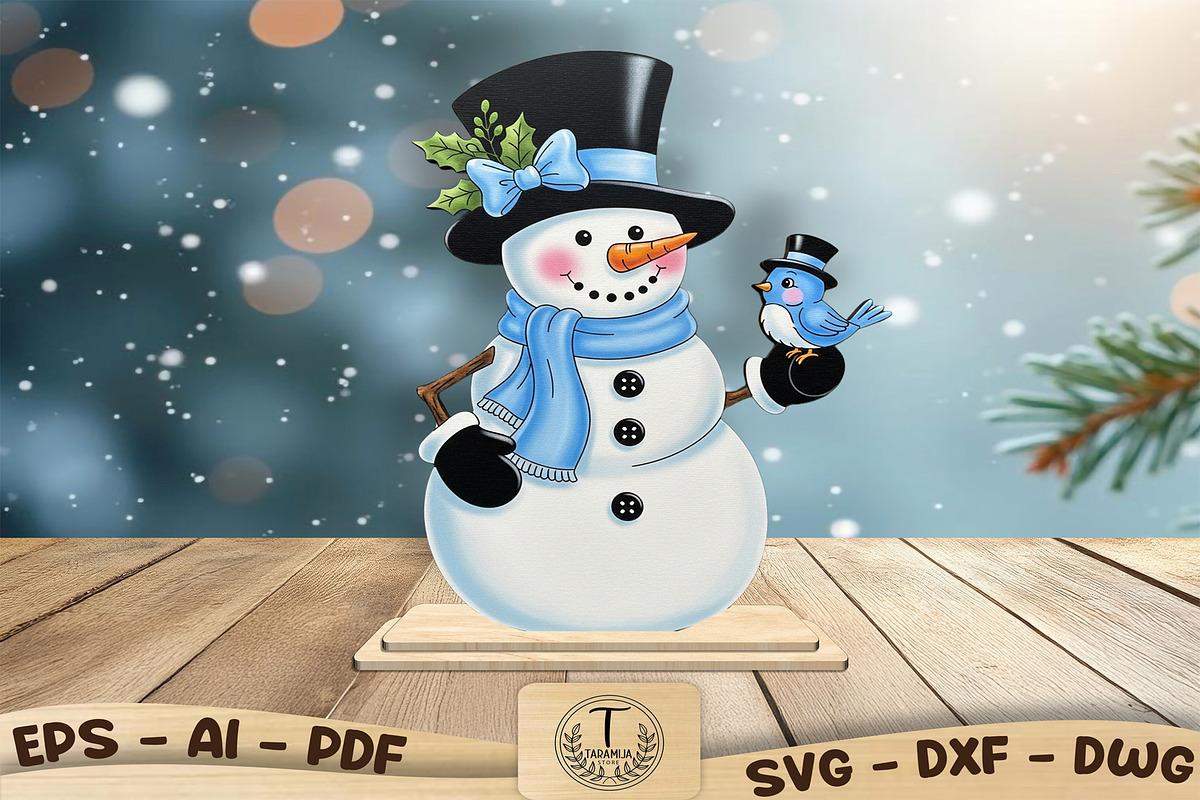 Snowman with Bird Laser Cut File Svg, a Seasonal Illustration by taramija (Photo 2 of 3)