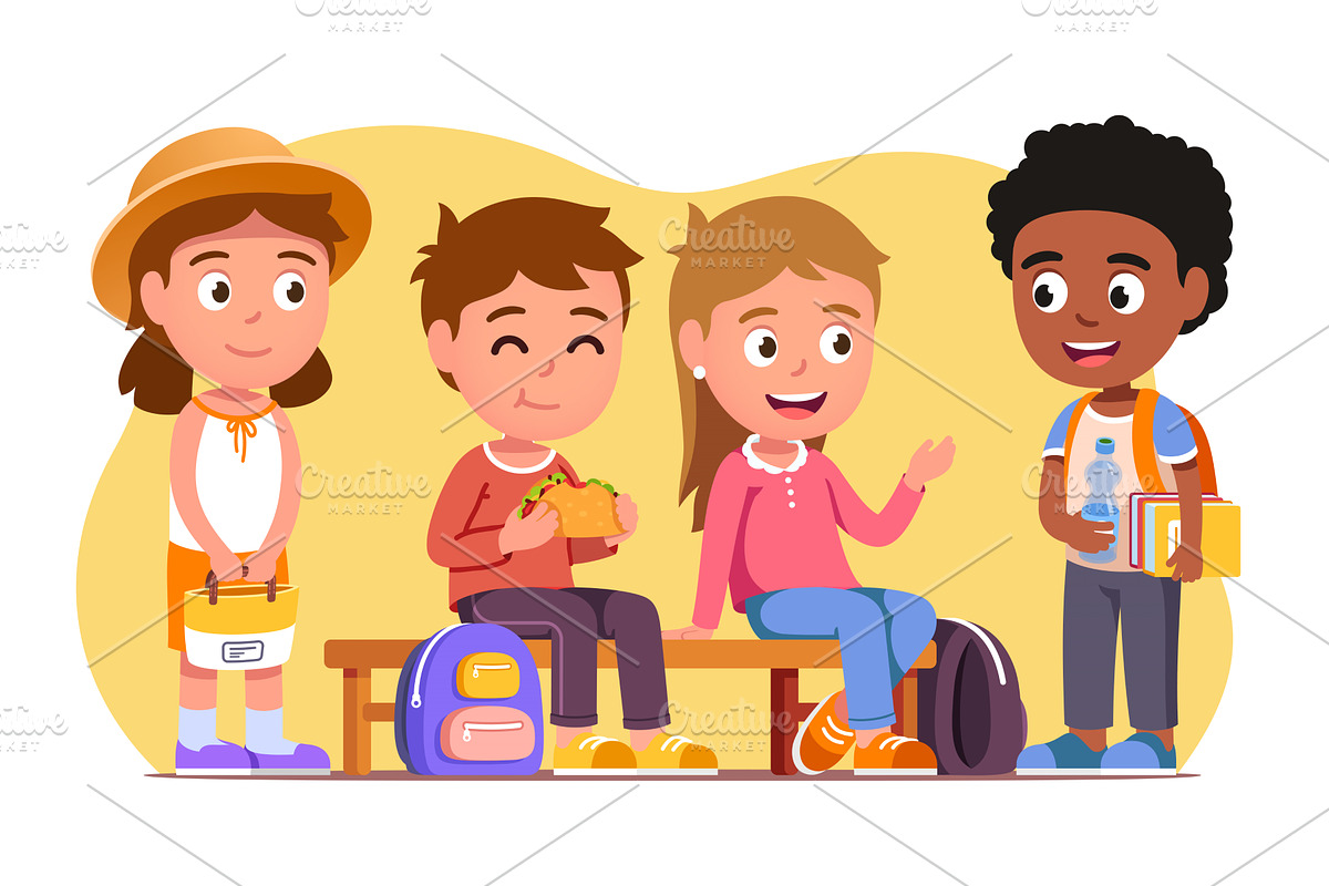 Students sitting, eating, chatting, an Education Illustration by ...