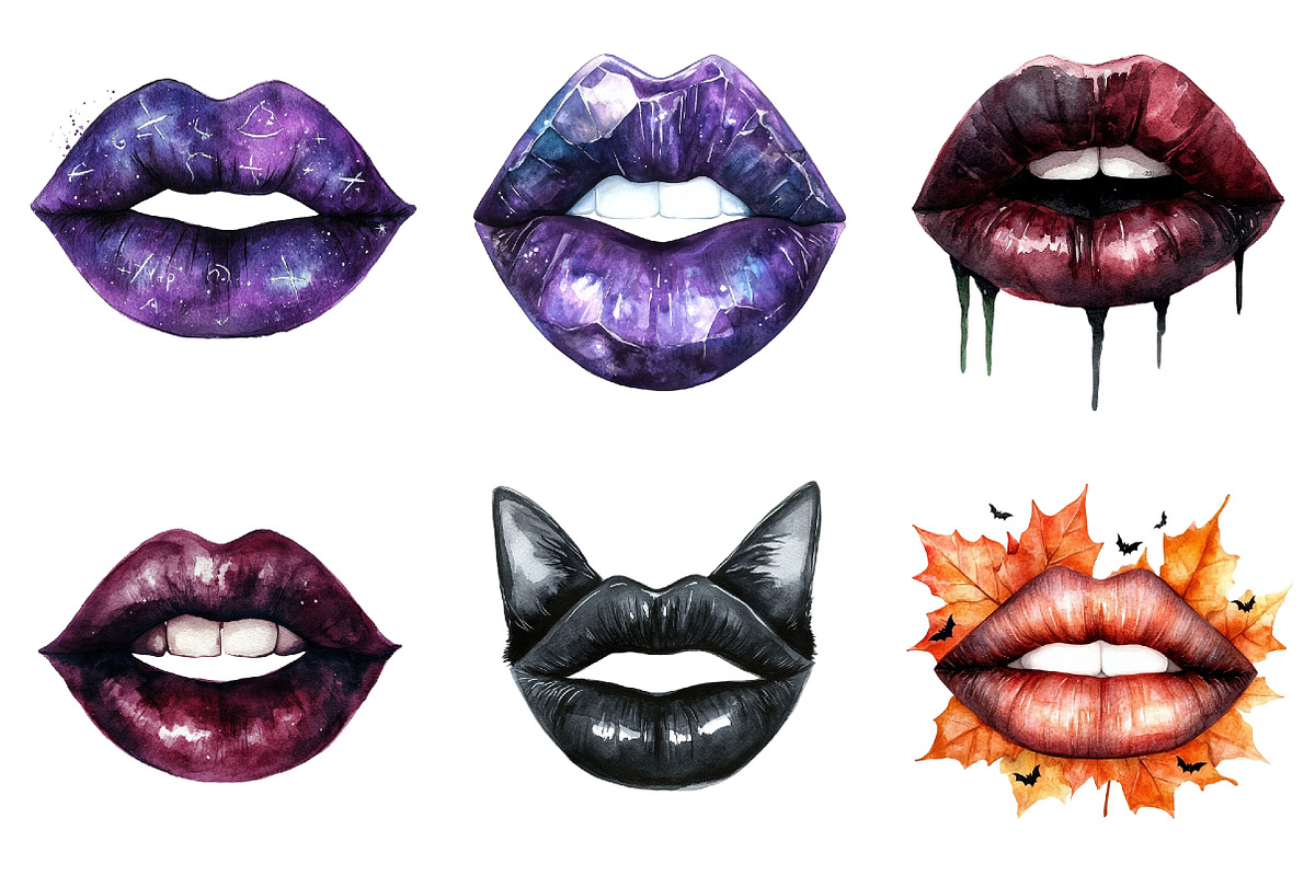 Watercolor Halloween Lips Clipart, a Seasonal Illustration by CitraGraphics (Photo 4 of 7)