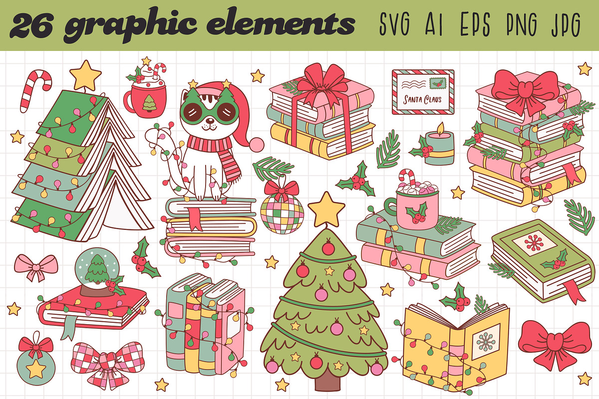 Christmas Books and cute cat clipart, an Animal Illustration by NataKa (Photo 2 of 5)