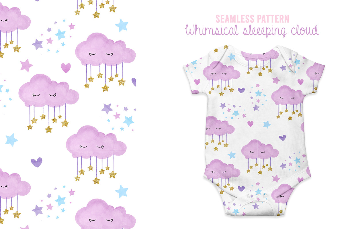 Cute lavender sleeping cloud Pattern, a Pattern Graphic by Waterystrokes (Photo 1 of 3)