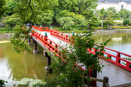 Red bridge over Kawazokoike pond in Tennoji Park, Osaka, an Architecture Photo by GoodGoods