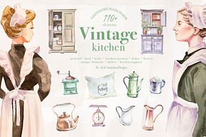 Watercolor Vintage Kitchen Clipart, a Food Illustration by ArtCreationsDesign