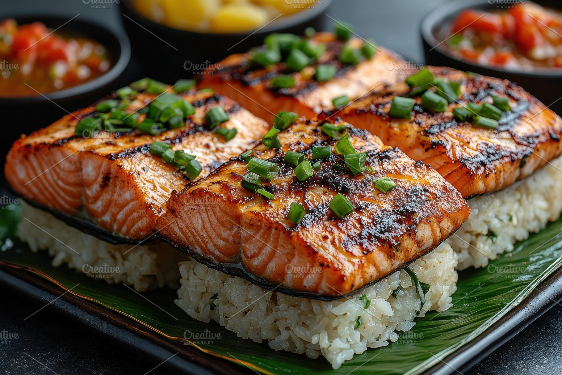 Grilled salmon served over rice with, a Photo by Tanuart
