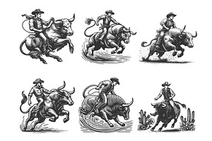 Bull Riding Cowboy Rodeo engraving, a Person Illustration by AlexArt