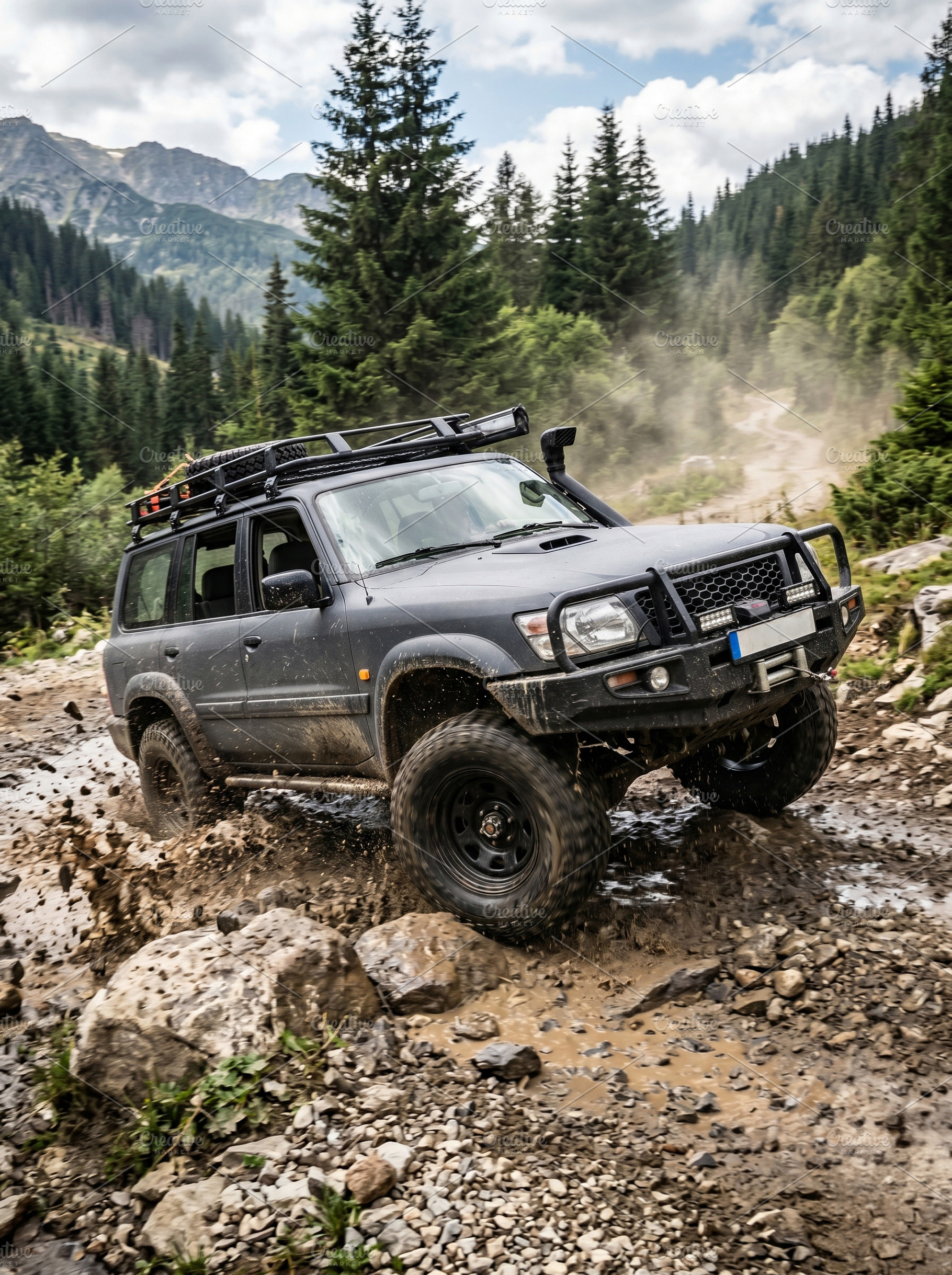 Rugged black off-road vehicle splash, a Transportation Photo by MistyDay