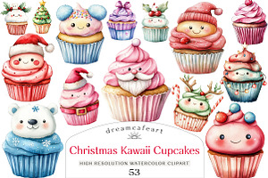 Christmas Kawaii Cupcakes Clipart, an Illustration by DreamCafeArt