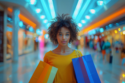 Beautiful Afro-American Woman Shopping in a Mall with Colorful Bags, a Photo by AS photostudio